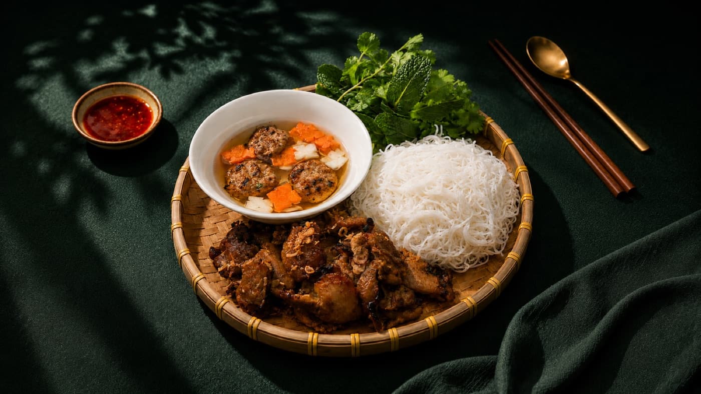 Bun Cha Ha Noi with grilled pork, vermicelli and fresh herbs