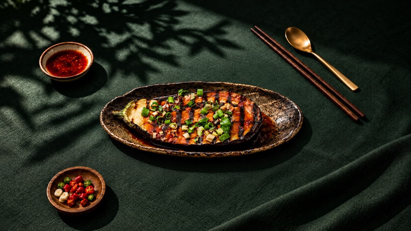 Grilled aubergine with sweet sauce and onion oil