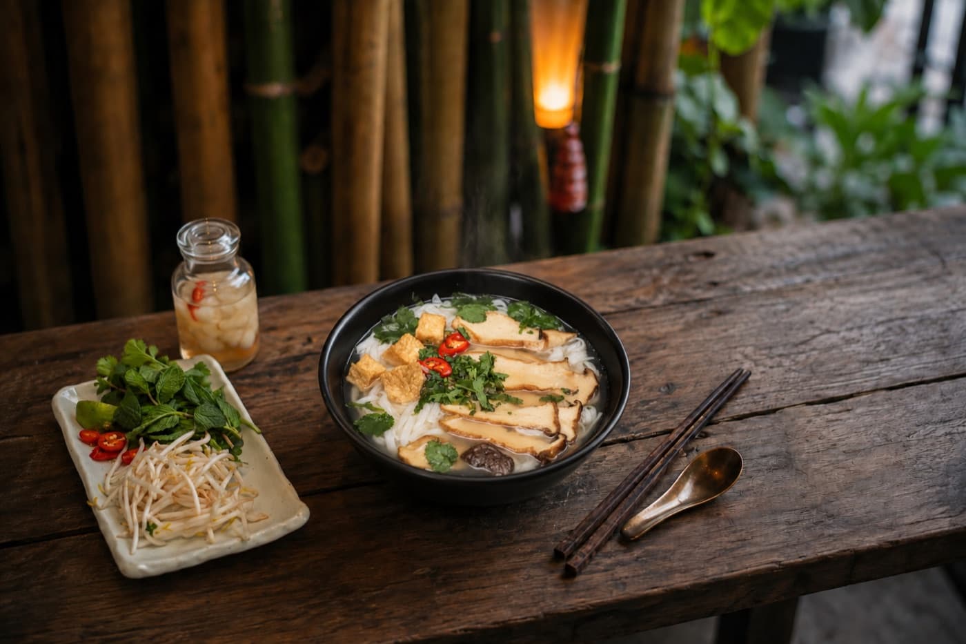 Mushroom pho with king oyster mushrooms and herbs