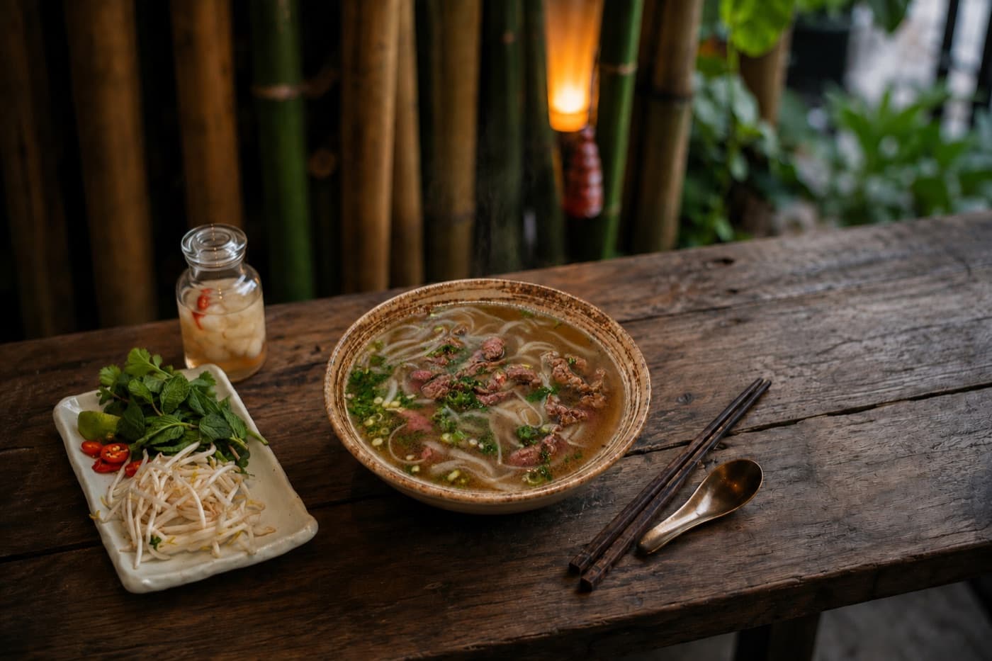 Pho Tai Lan with seared beef and rice noodles
